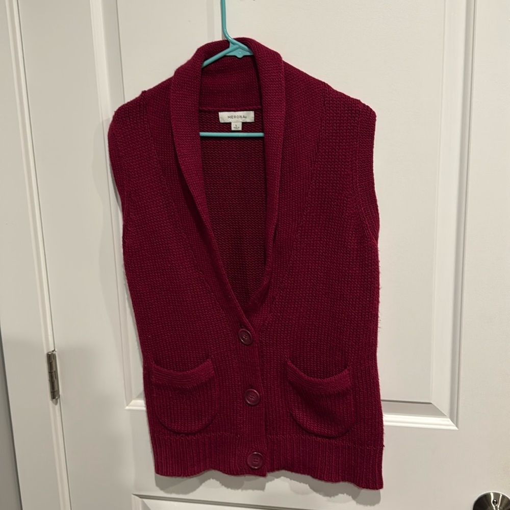Wool Merona size large sweater vest button up fuchsia pink